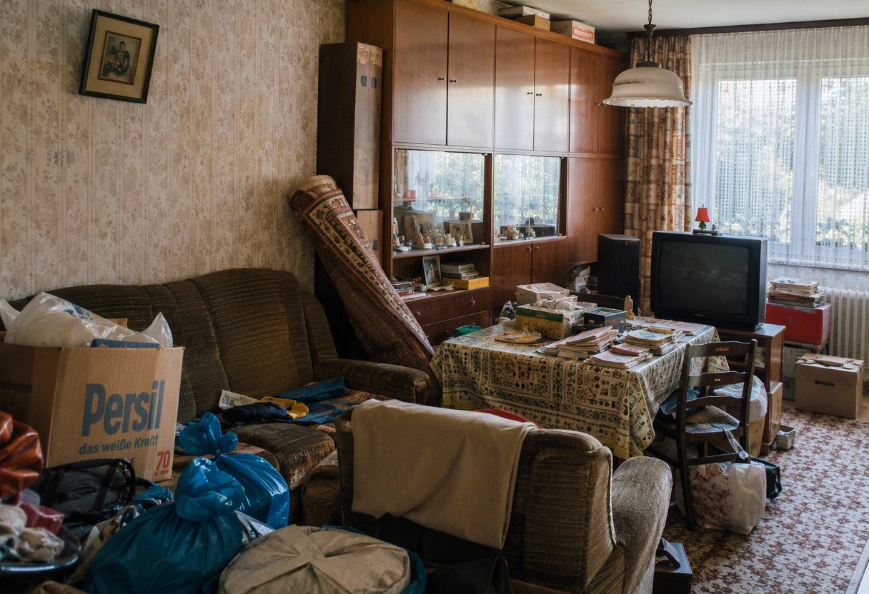 Wohnung in Duisburg vor der Entrümpelung – vollgestellt mit Kartons und Möbeln